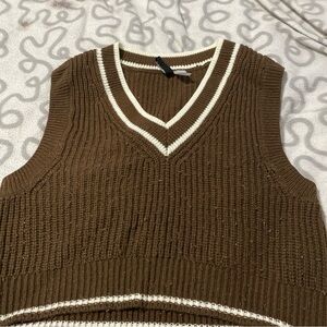 H&M Brown V-Neck Knit Sweater Vest with Cream Trim